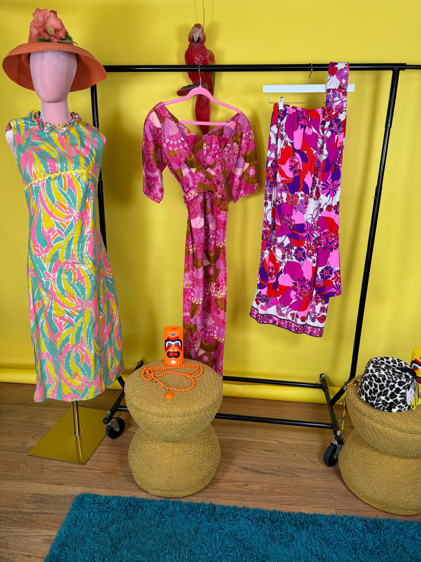 Vintage 60s Birds of Paradise DayGlo Metallic Maxi Dress Fits XS-SM