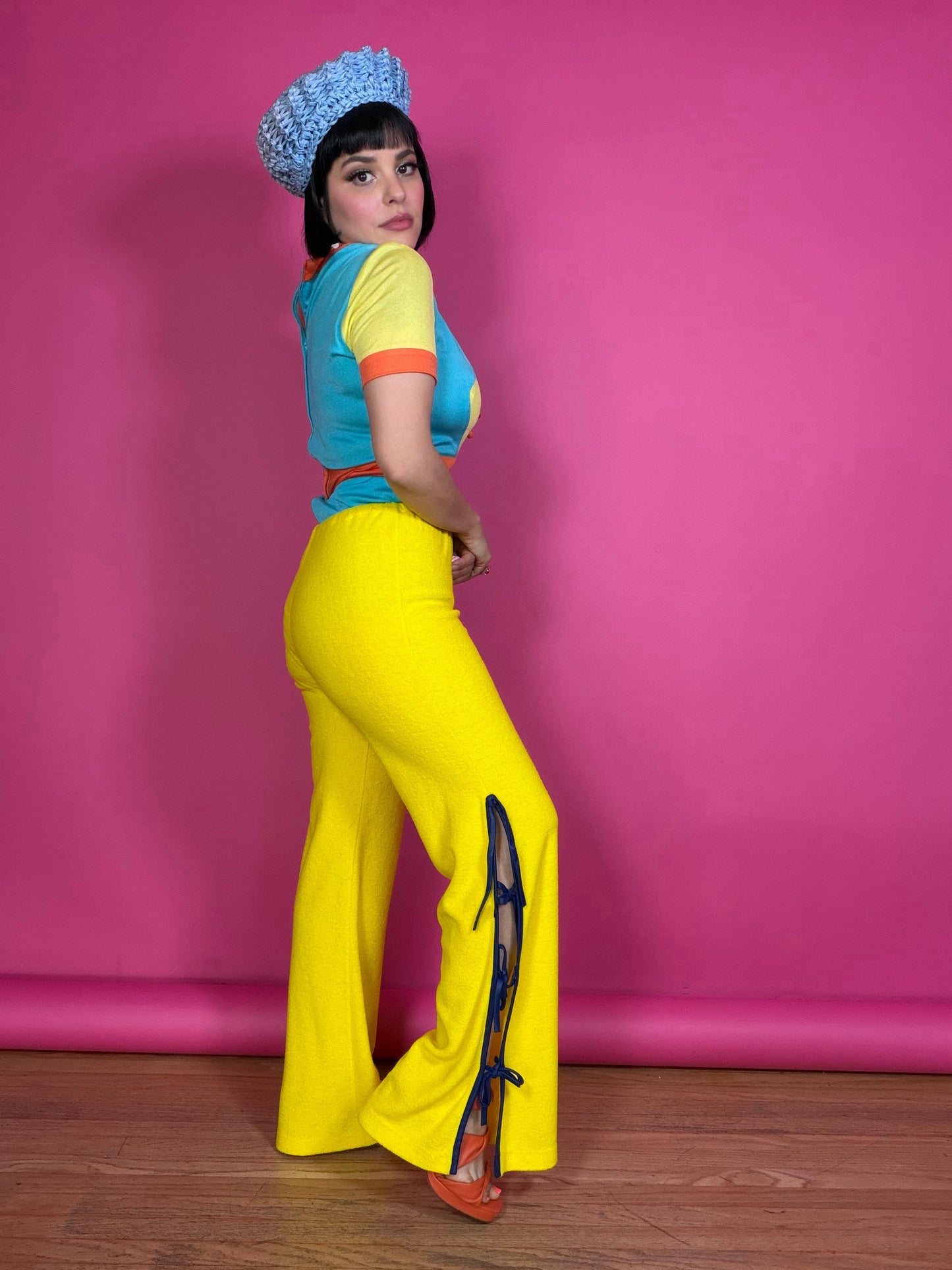 Vintage 60/70s Estevez Yellow Peekaboo Bell Pant Set Fits XS-M