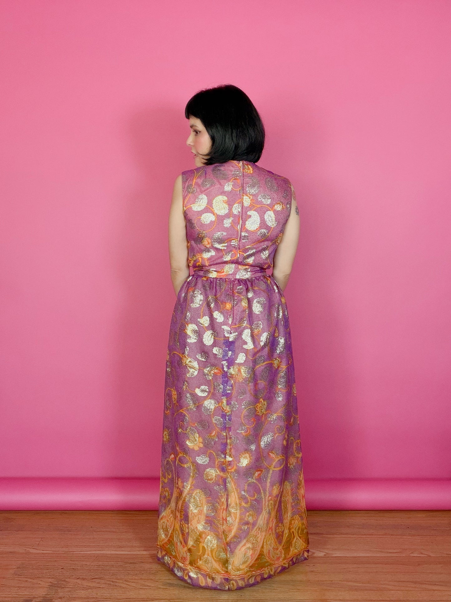 Vintage 60s Krist Sunset Ombre & Gold Paisley Gown Fits XS-SM & Possible size M