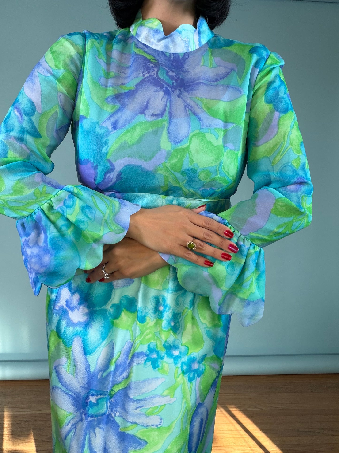 60s Tina Leser Original Floral Silk Chiffon Gown Fits XS-SM