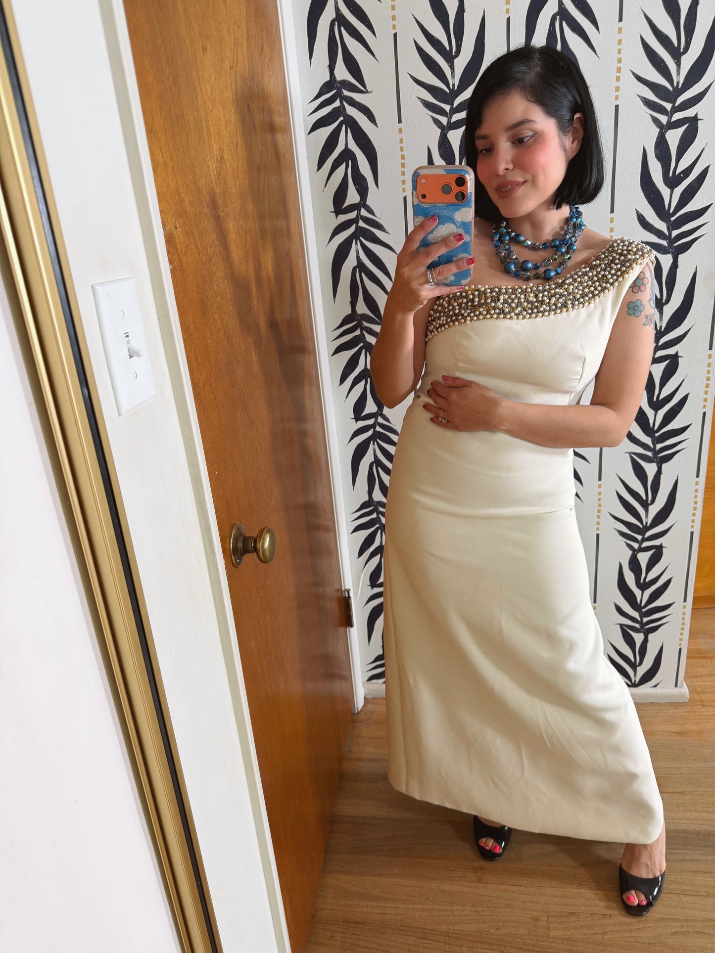 50s Vintage Emma Domb One Shoulder Embellished Pearl Beading Gown Fits XS-SM
