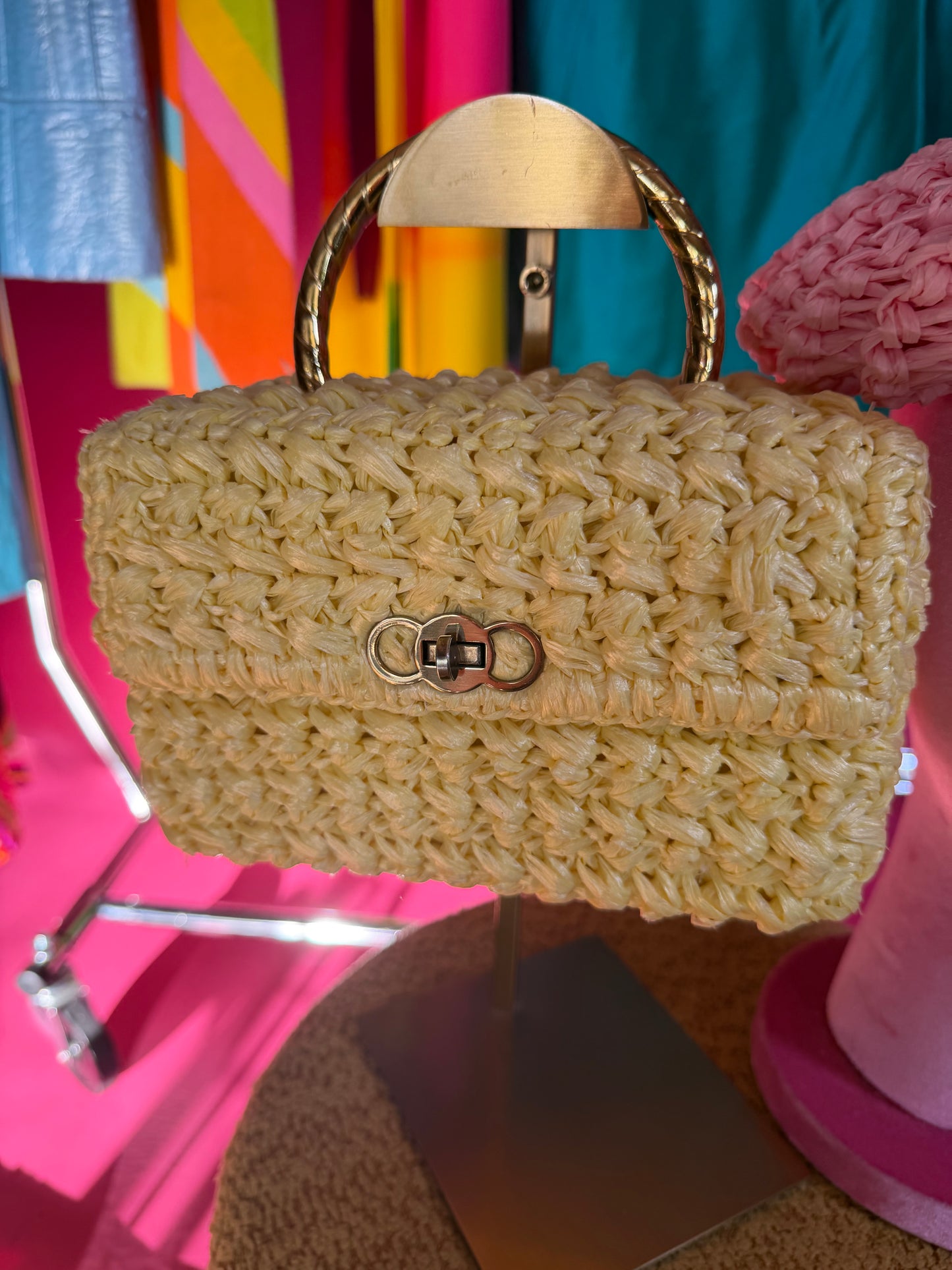 Vintage 60s Italian Yellow Raffia Box Purse
