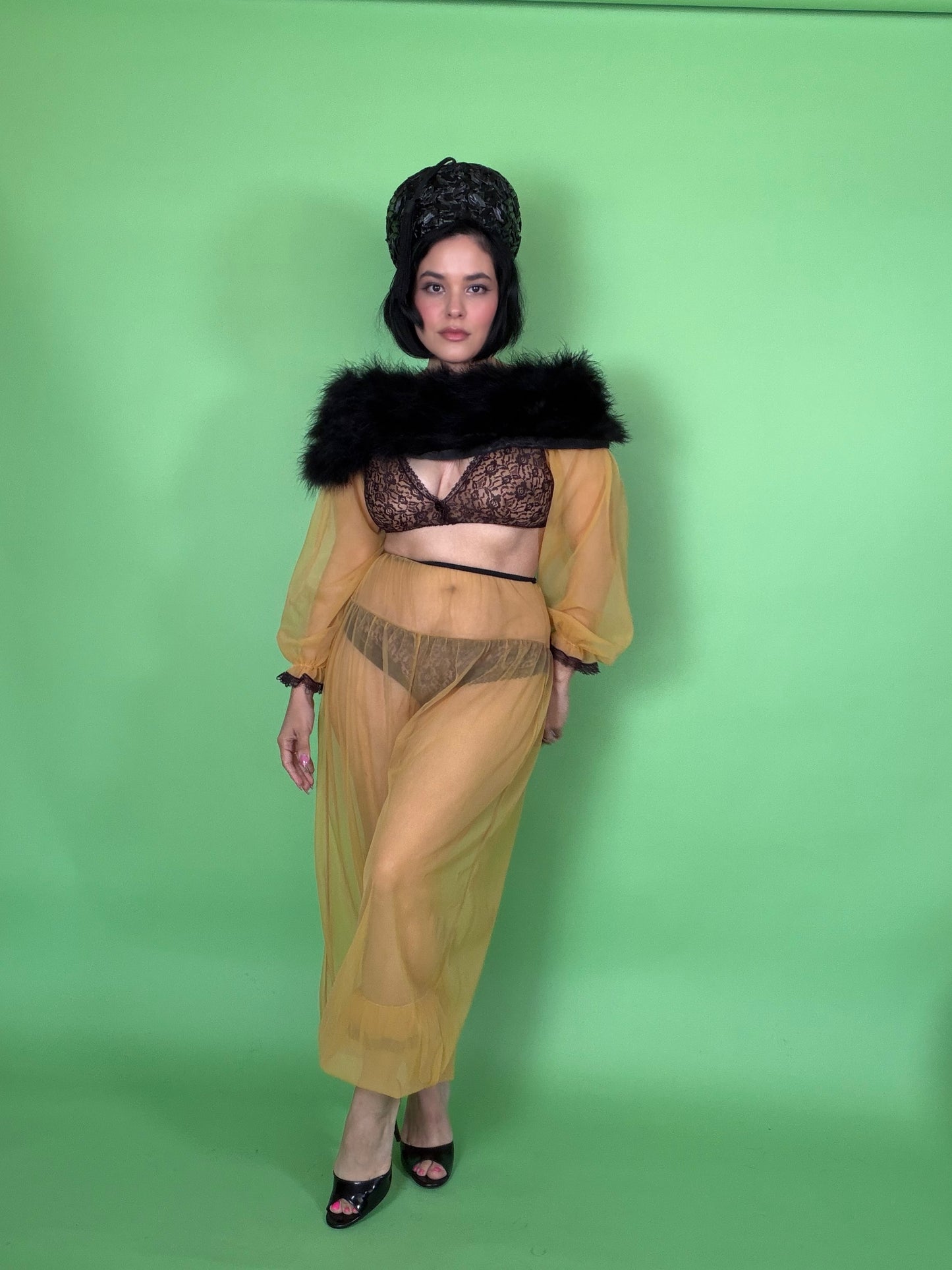 Vintage 60s Genie Mustard Sheer Chiffon Pant Set XS-M
