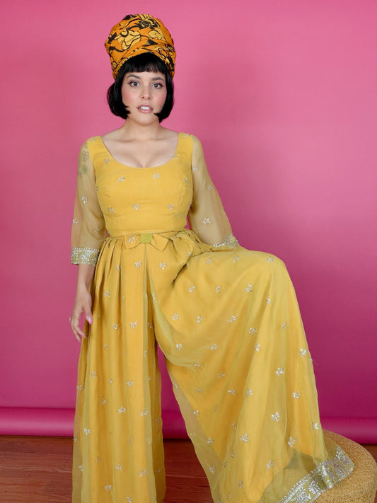 Vintage 60s Kukulus Originals Marigold Chiffon Jumpsuit Fits XS-SM
