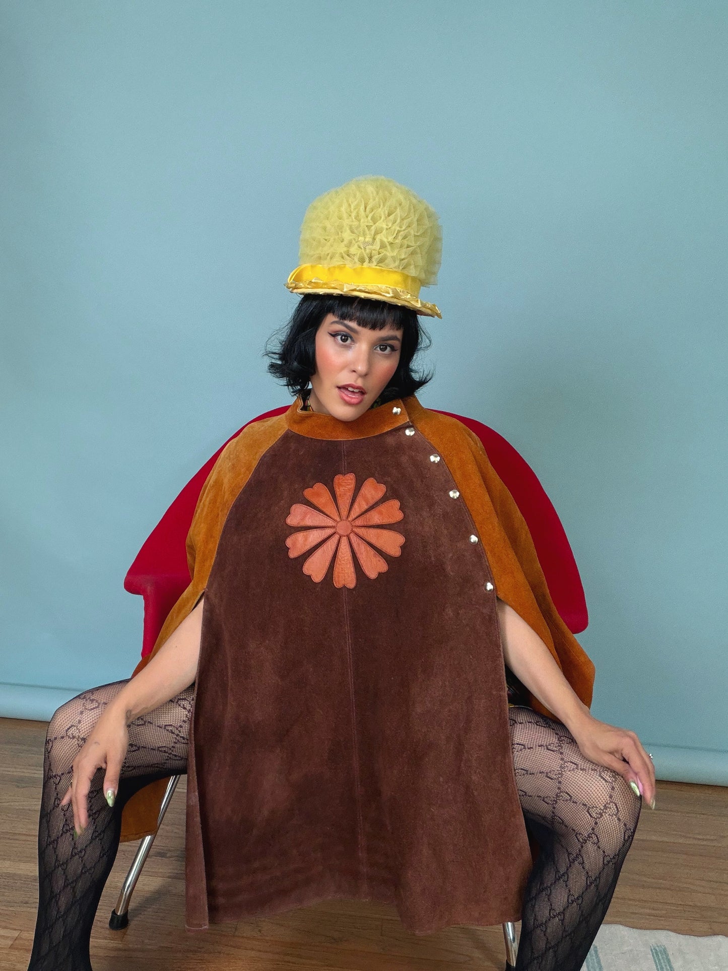 Vintage 1960s /1970s Flower Power Two-Tone Suede Cape Fits all sizes