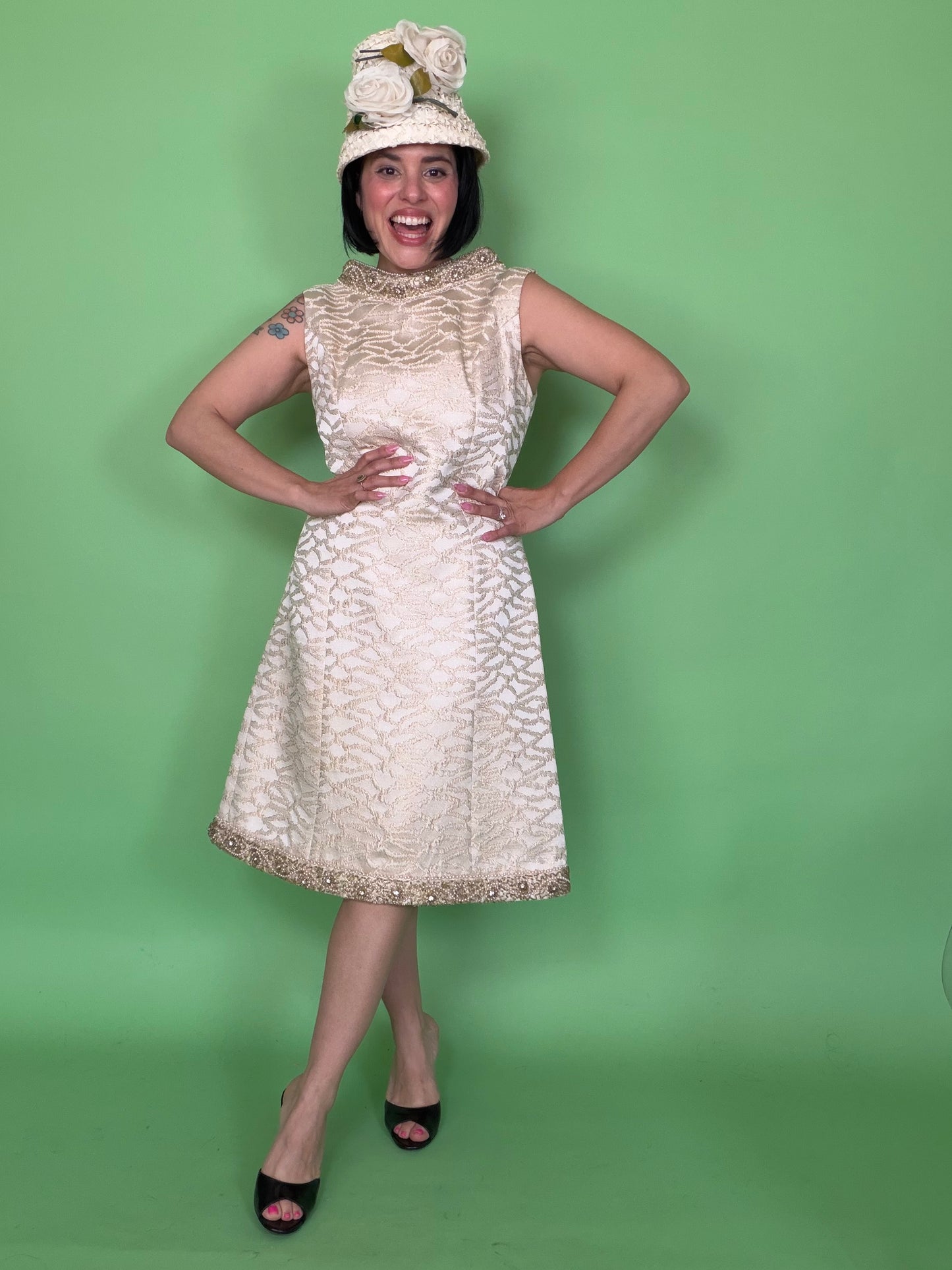 Vintage 60s Mod White Brocade Cocktail Dress by Bullock Whilshire fits S-M & possible size L