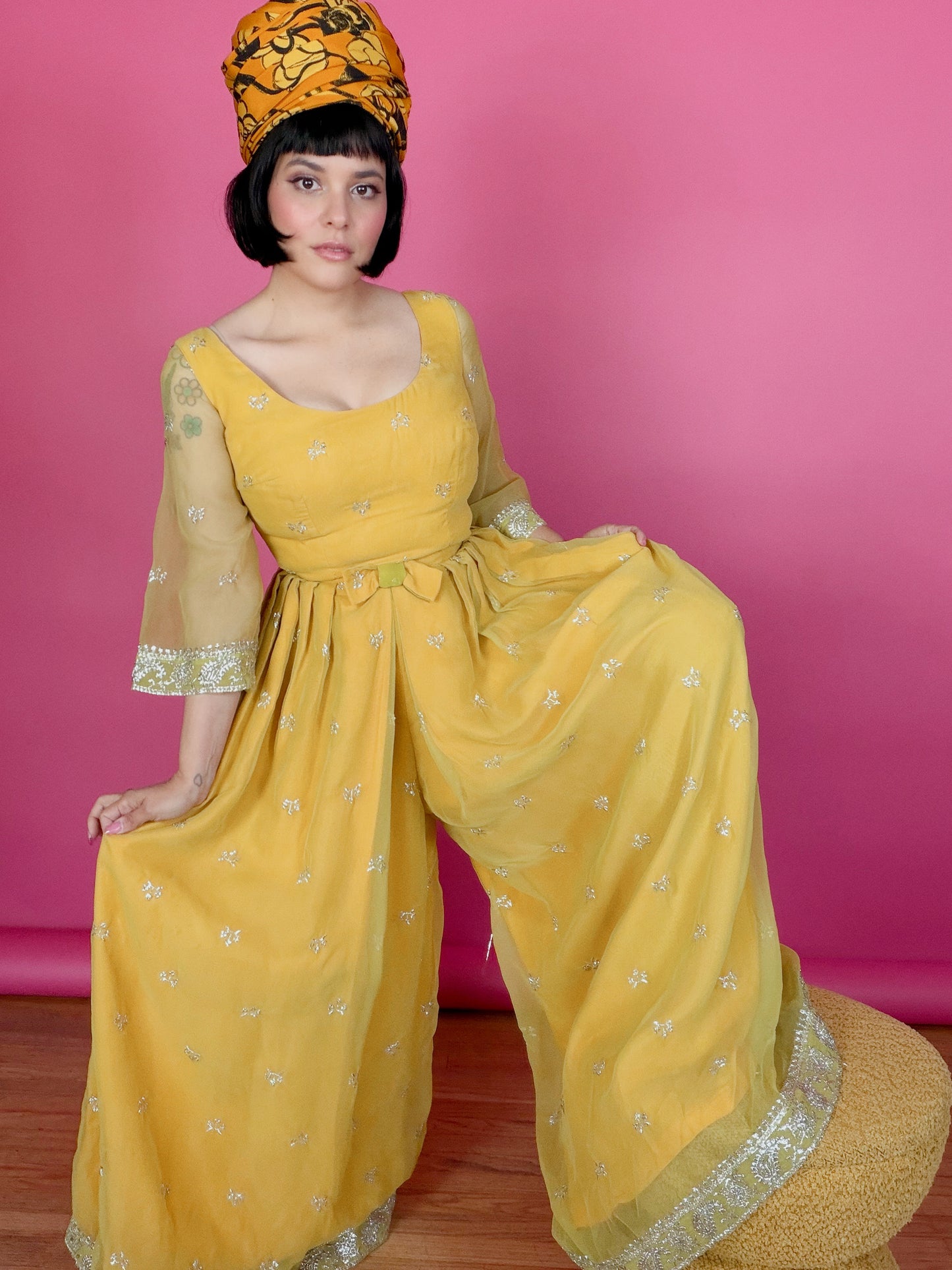 Vintage 60s Kukulus Originals Marigold Chiffon Jumpsuit Fits XS-SM