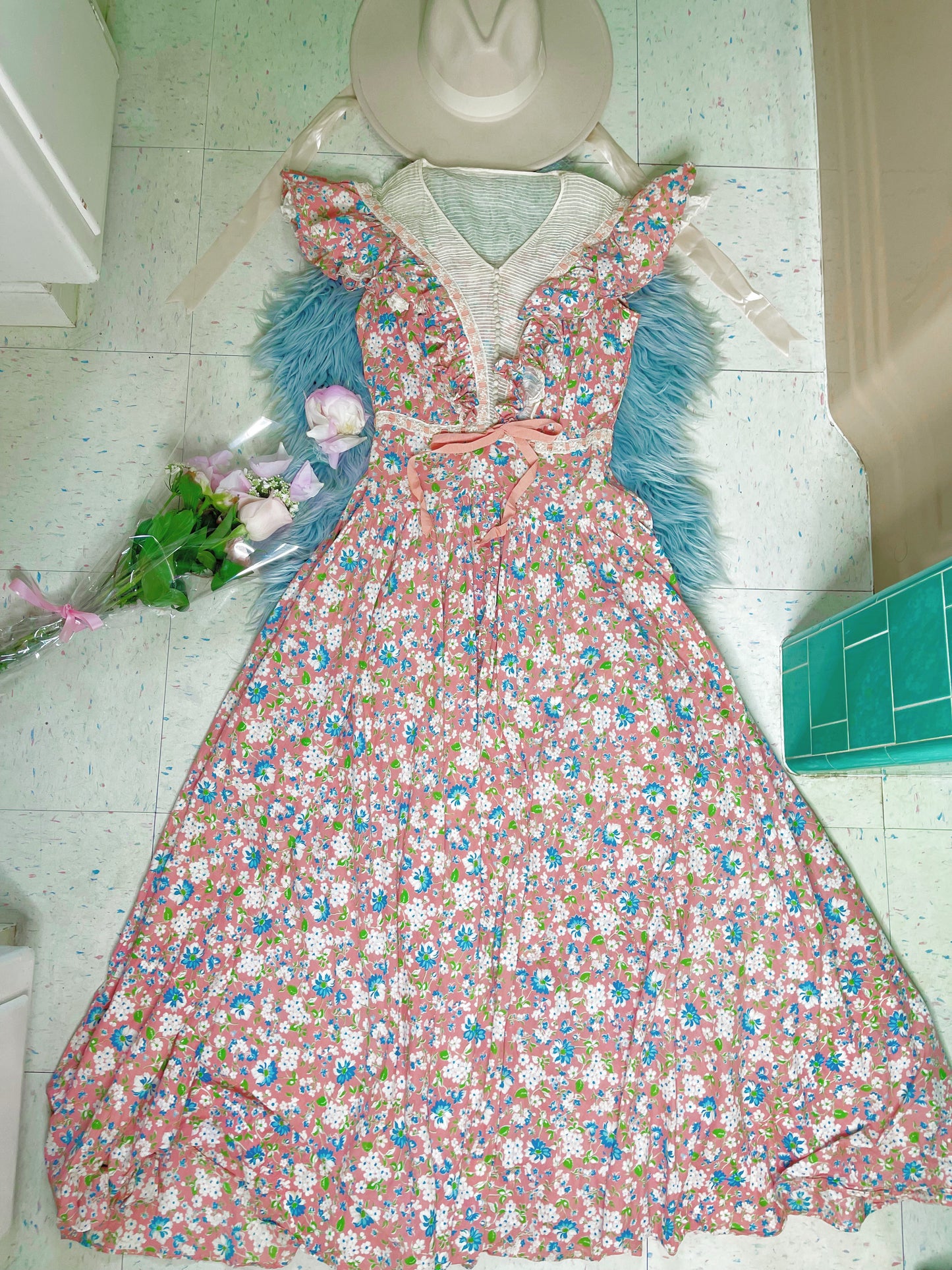 Vintage 1940s Cotton Floral Sheer Bodice Maxi Dress Fits sizes S-M