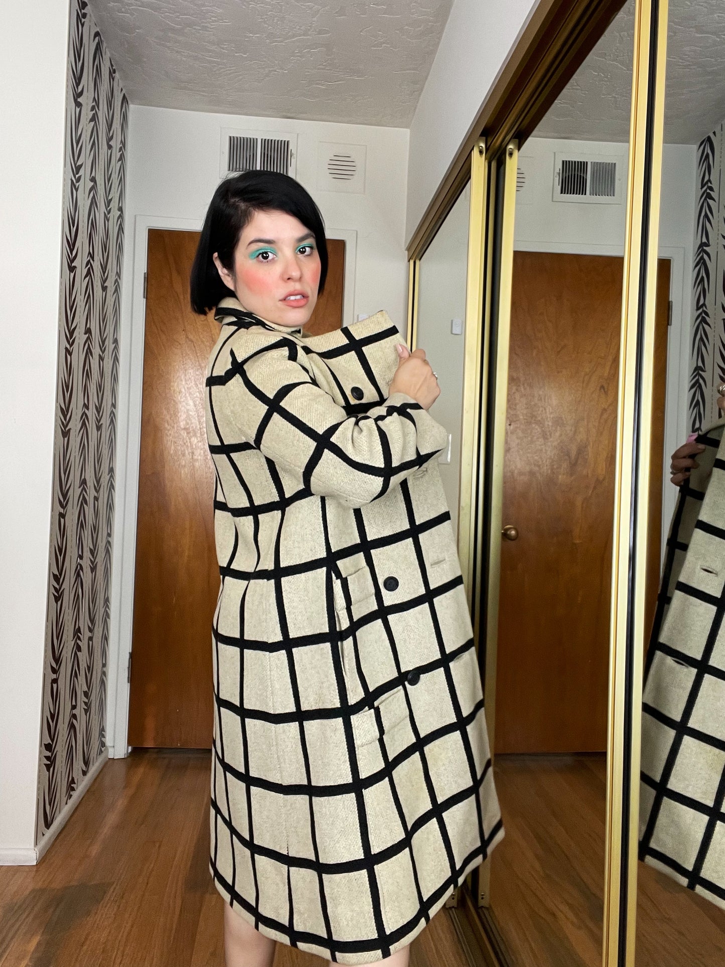 Vintage 60s / 70s Saks Fifth Avenue Mod Windowpane Print Coat Fits Sizes XS-M