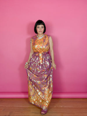 Vintage 60s Krist Sunset Ombre & Gold Paisley Gown Fits XS-SM & Possible size M