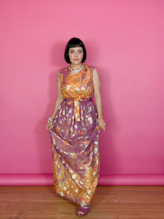 Vintage 60s Krist Sunset Ombre & Gold Paisley Gown Fits XS-SM & Possible size M