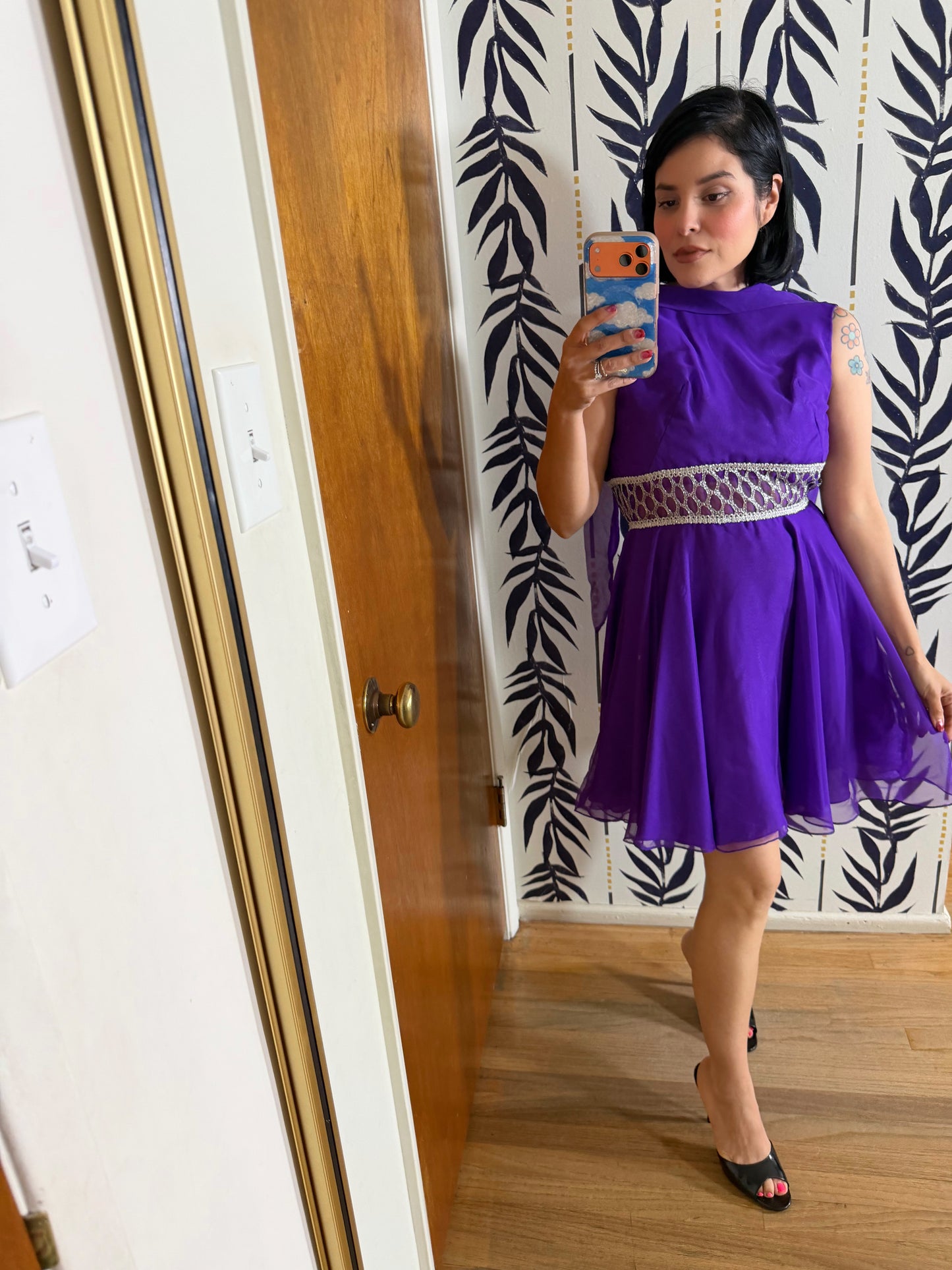 60s Mod Purple and Silver Space Age Chiffon Dress Fits XS-SM