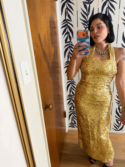 50s Vintage Gold Brocade Bombshell Halter Gown XS-SM