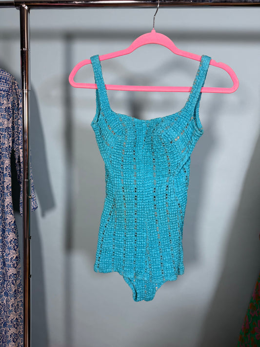 Vintage 50s Peter Pan by Oleg Cassini Turquoise Rouched Bathing Suit XXS-SM