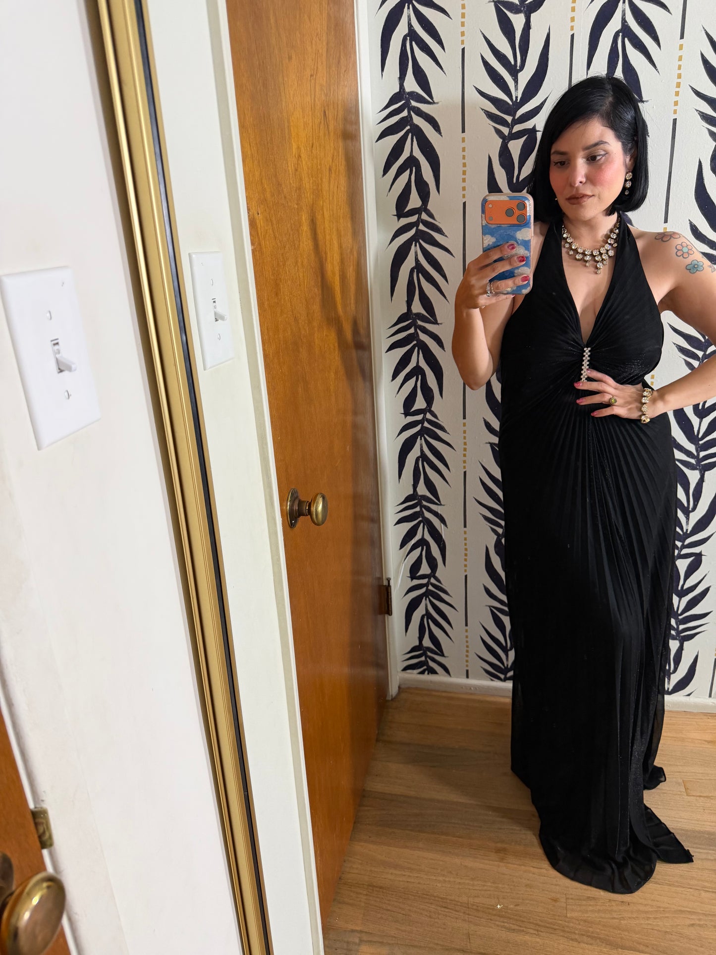 Late 70s / 80s Black Lurex Halter Gown (like William Travilla design) Fits S-L