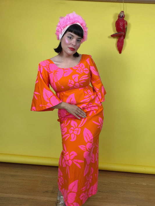 Vintage 60s DayGlo Hawaiian Floral Maxi Pomare-Tahiti Honolulu Hawaii Fit’s XS-SM