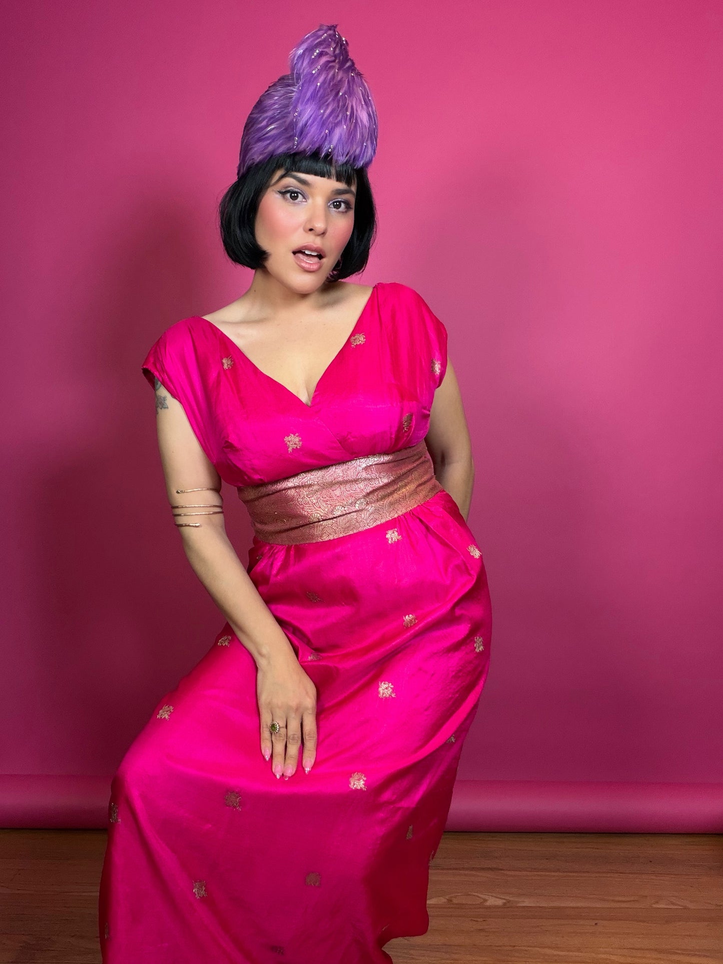 Vintage 60s Silk Fuchsia Pink & Gold Gown S-M