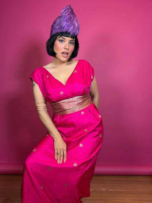 Vintage 60s Silk Fuchsia Pink & Gold Gown S-M