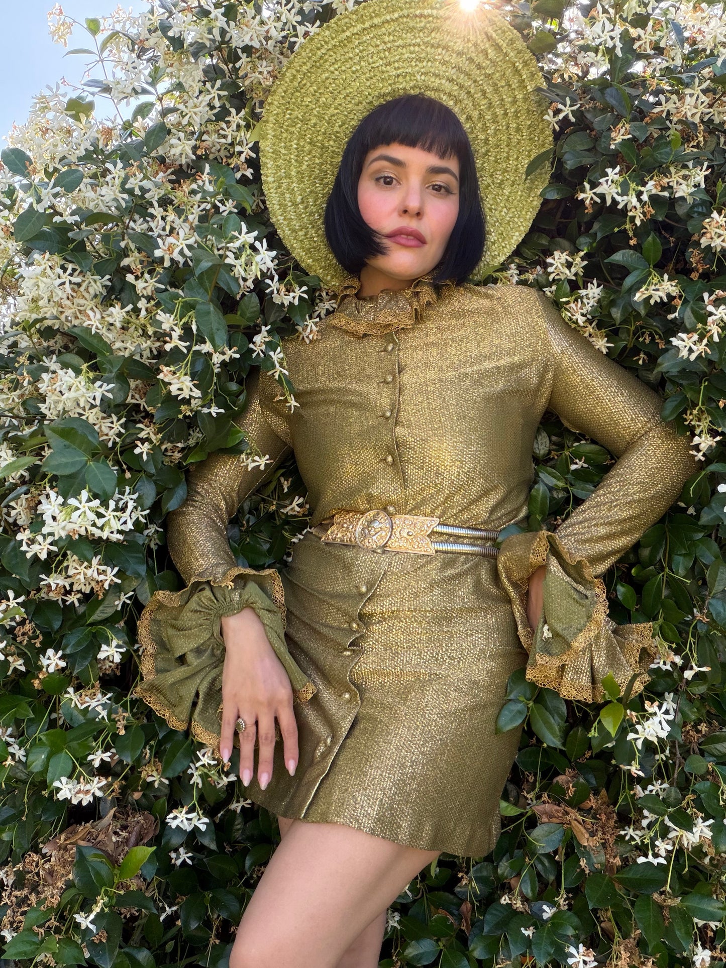 Vintage RARE 70s Betsey Johnson Paraphernalia Gold Metallic Bell Sleeve Mini Duster Dress XS-M