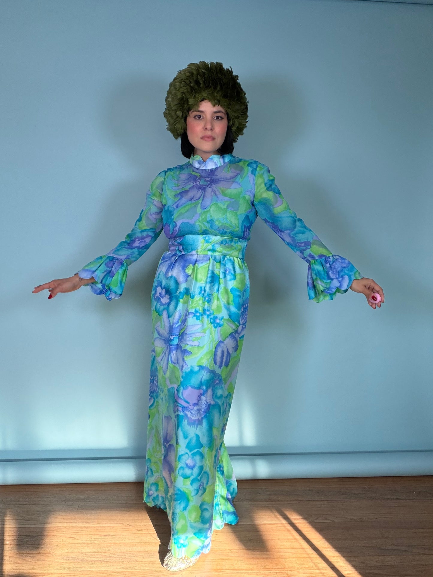 60s Tina Leser Original Floral Silk Chiffon Gown Fits XS-SM