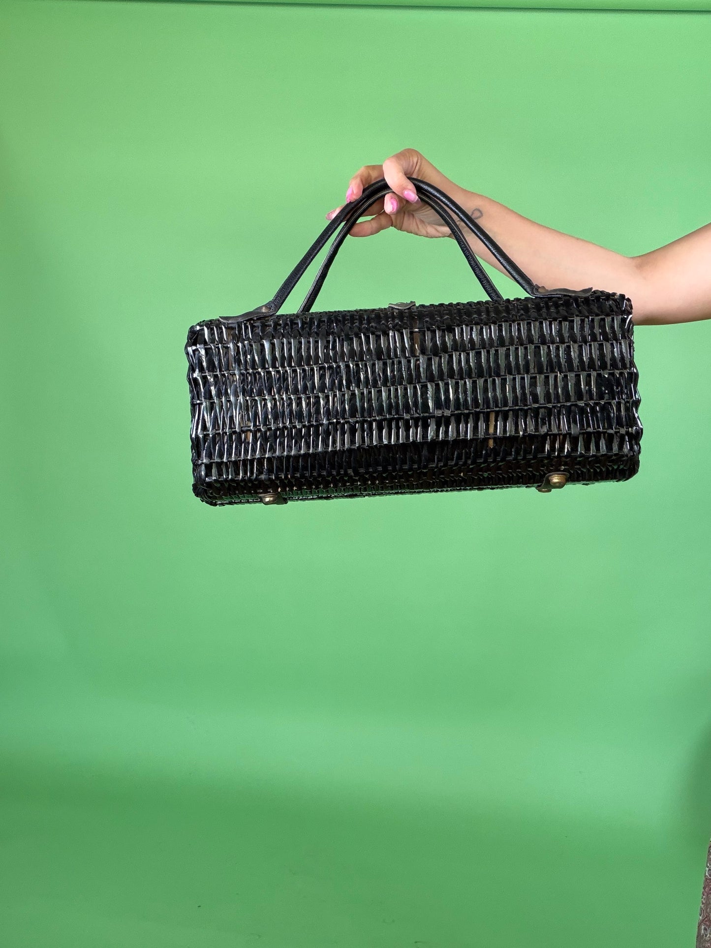 Vintage 50s Black Wicker Oversized Fruit Leather Detail Handbag