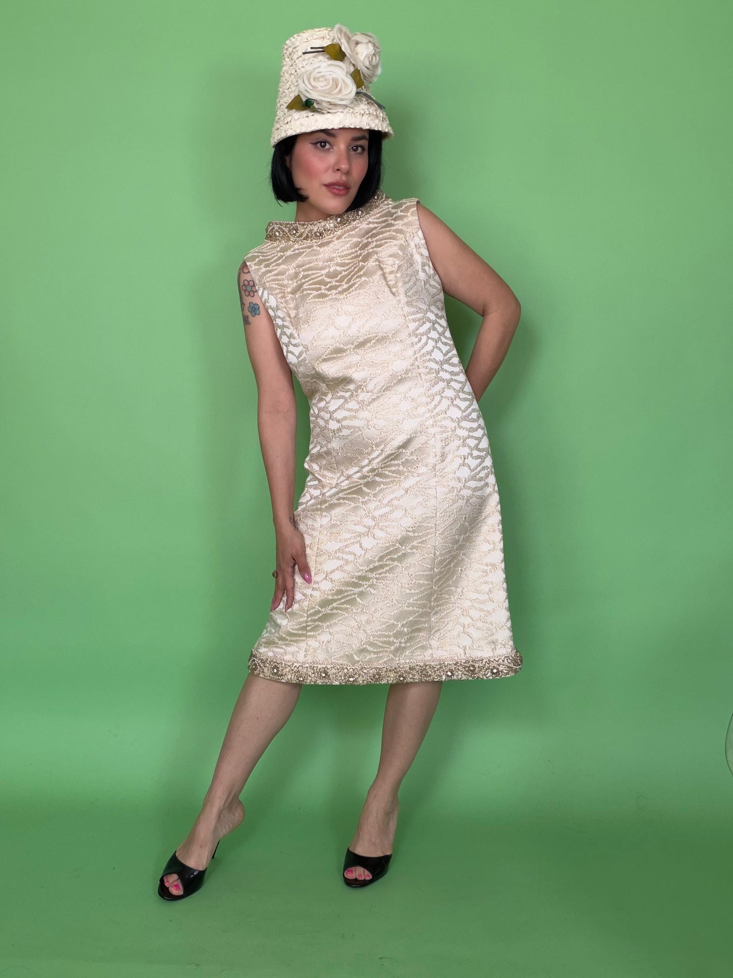 Vintage 60s Mod White Brocade Cocktail Dress by Bullock Whilshire fits S-M & possible size L
