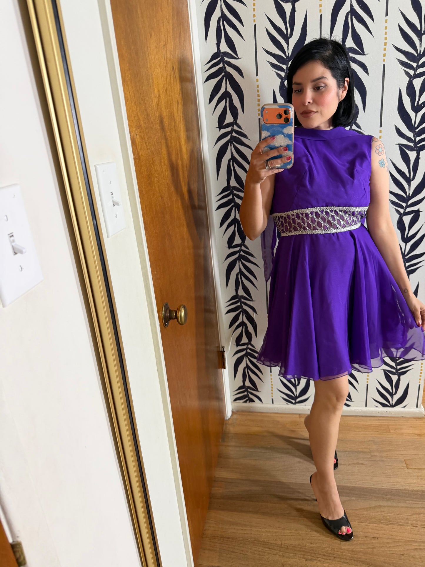 60s Mod Purple and Silver Space Age Chiffon Dress Fits XS-SM