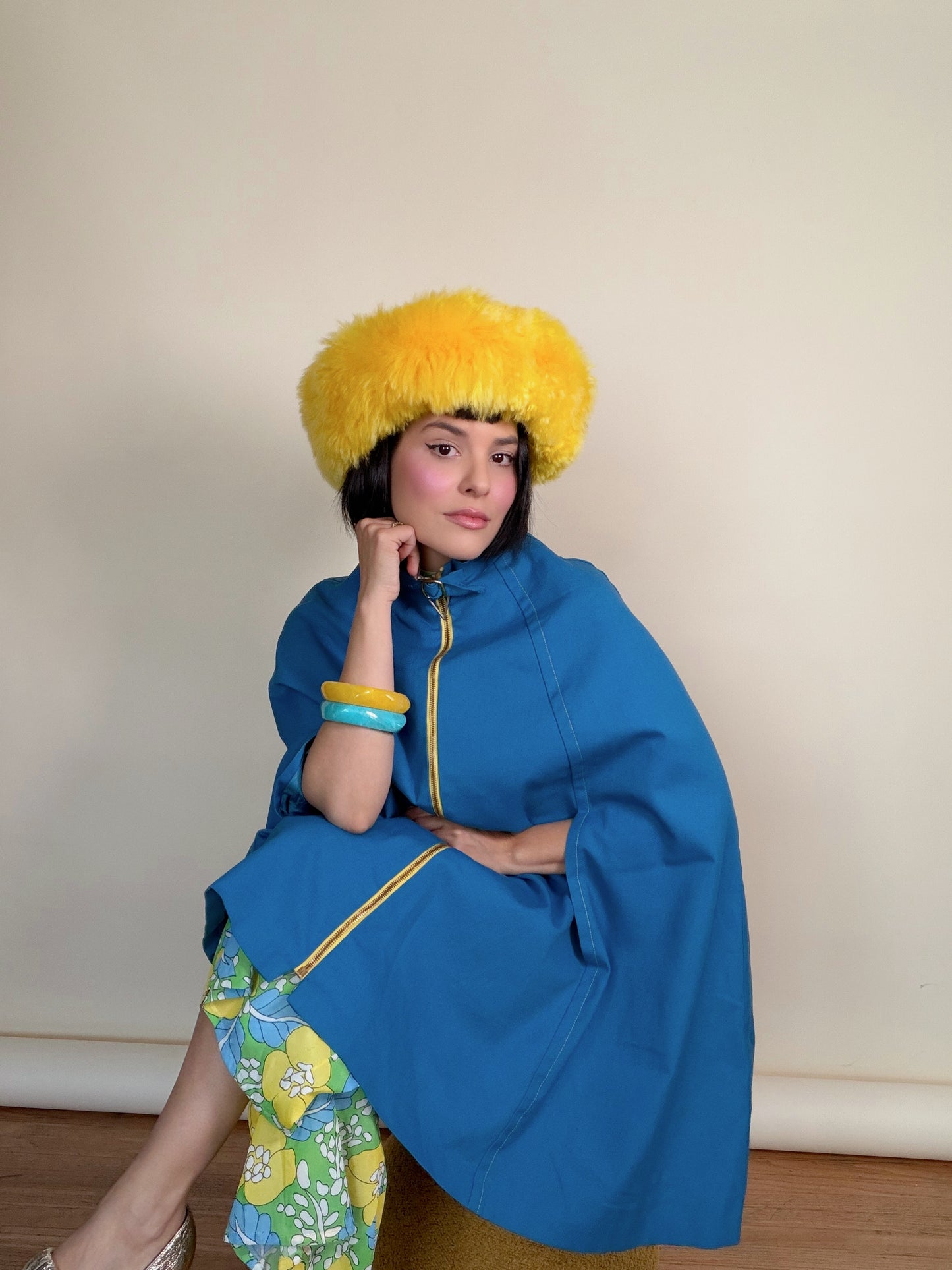 Vintage 60s Marine Blue Mod Poncho Gold Zip Cape by Jonathan Logan Fits all sizes