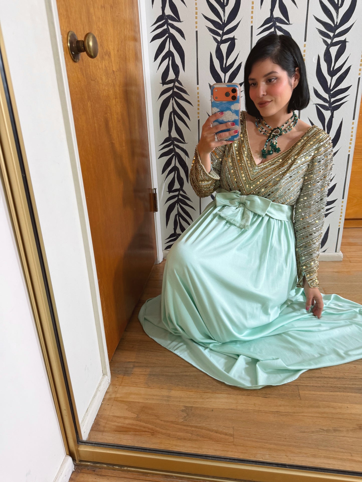 60s Vibes Victoria Royal Ltd. Embellished Chiffon Sea foam Green Gown S-M & possible size L