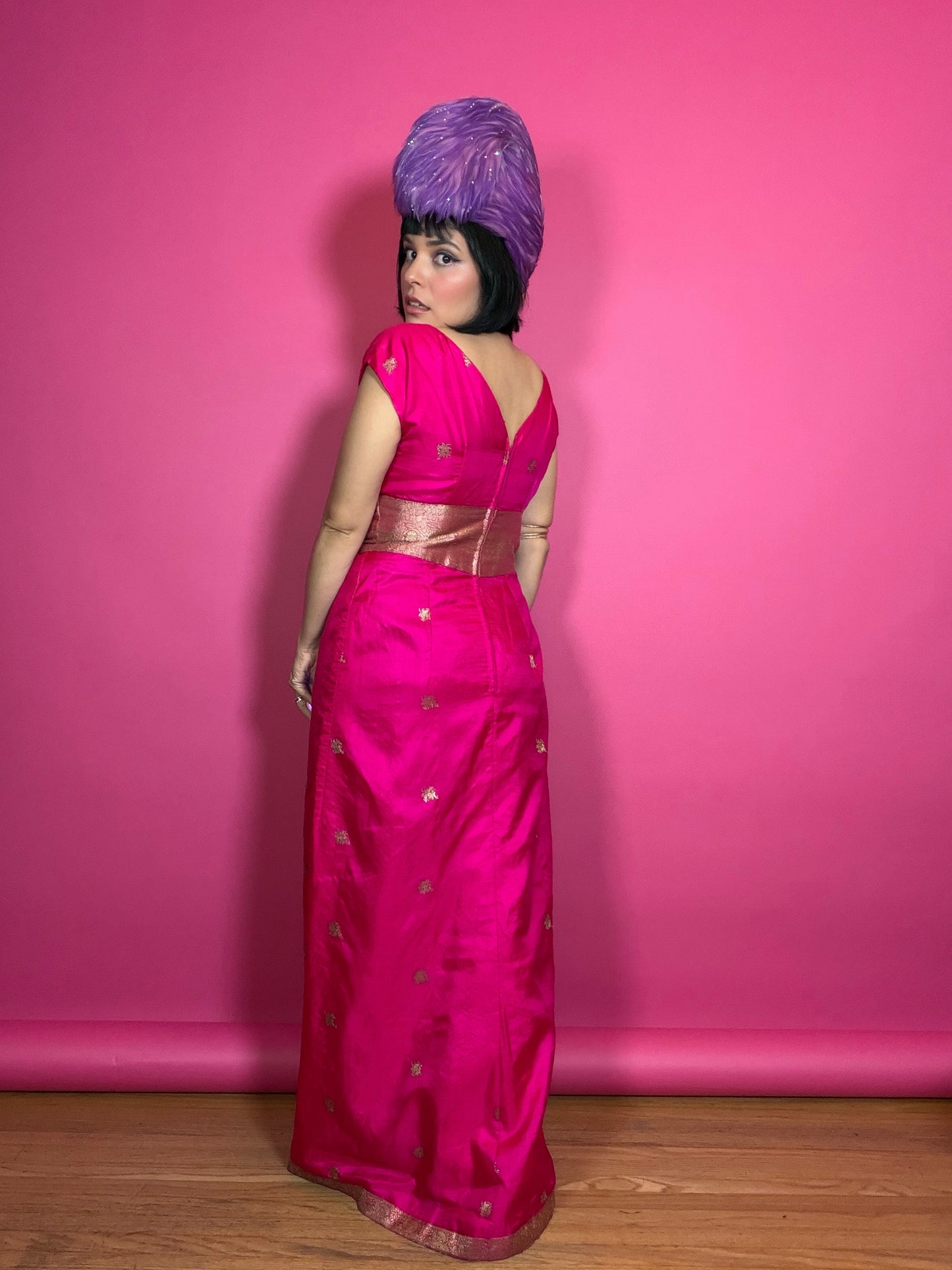 Vintage 60s Silk Fuchsia Pink & Gold Gown S-M