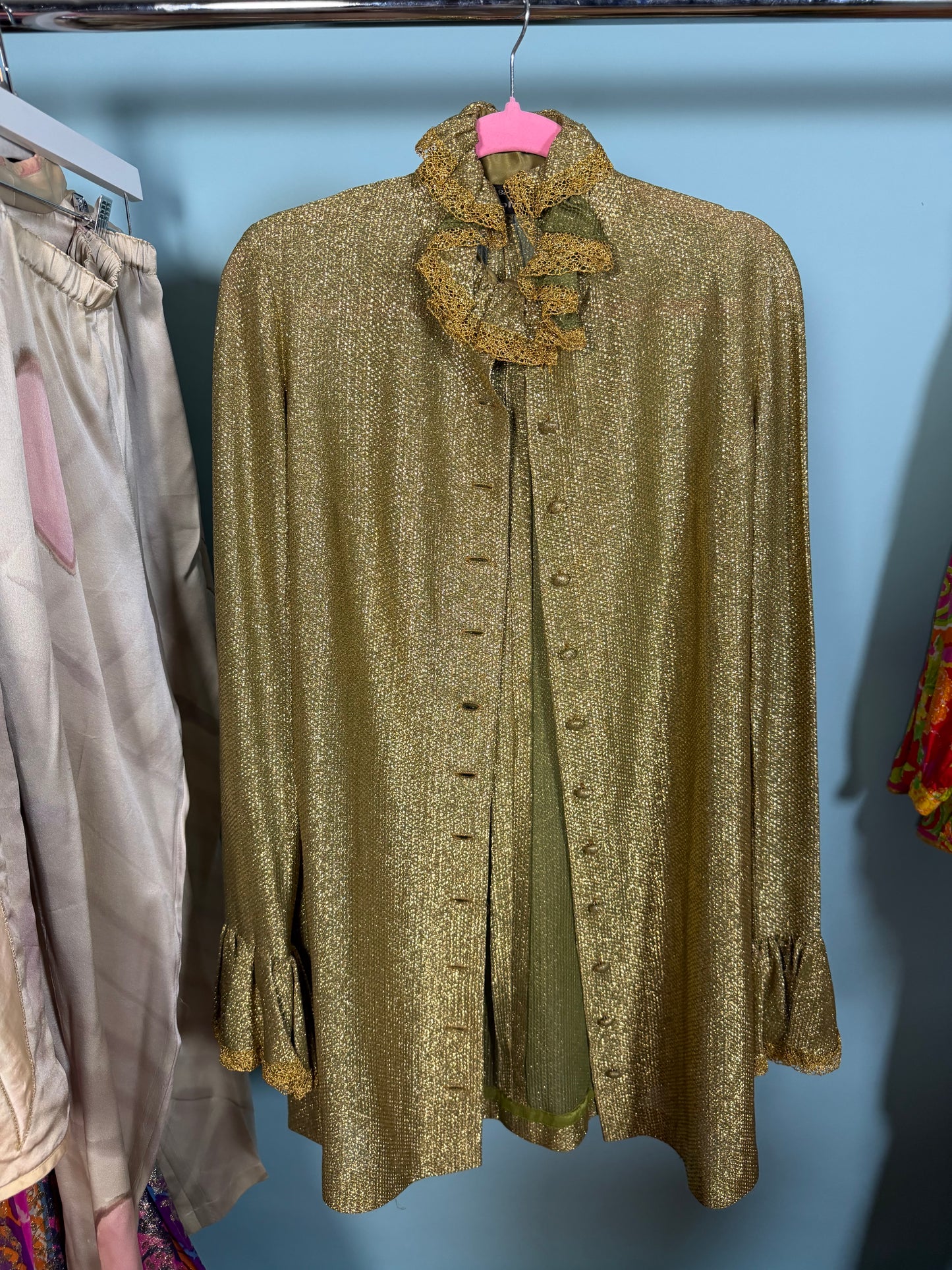 Vintage RARE 70s Betsey Johnson Paraphernalia Gold Metallic Bell Sleeve Mini Duster Dress XS-M