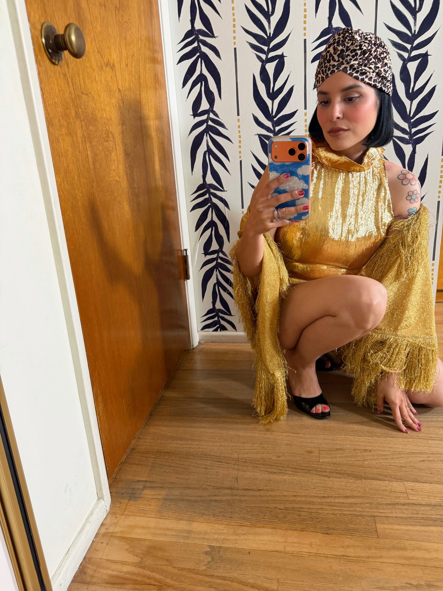 60s Vintage Gold Lame Wet look Bodysuit Fits XS-SM