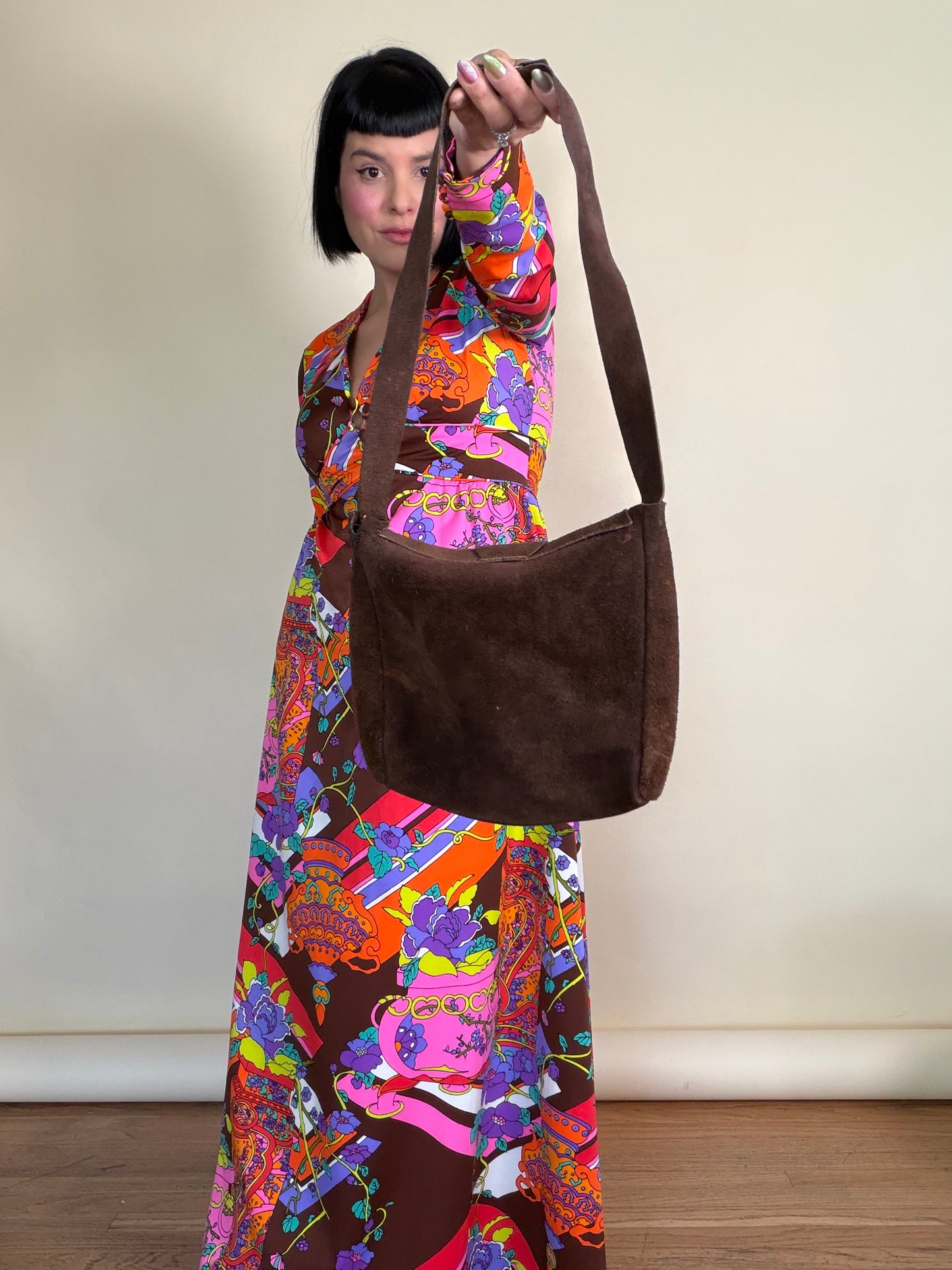 Vintage 60s Suede Mod Chocolate Hobo Shoulder Bag