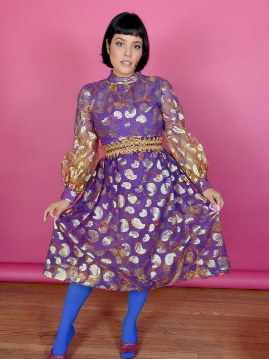 Vintage 60s Carrie Couture Purple & Gold Lame Cocktail Dress Fits XS-SM