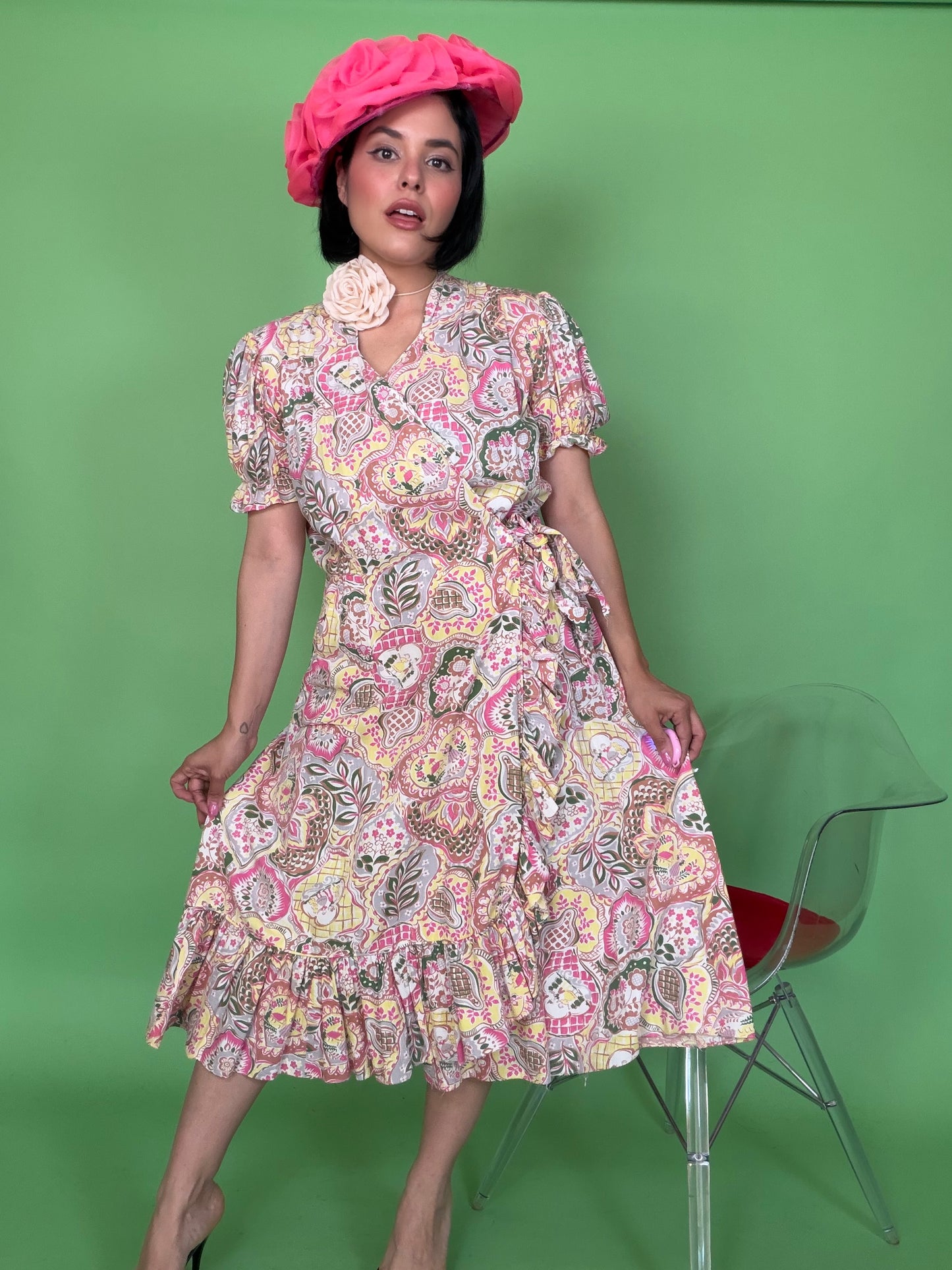Vintage 40s Novelty Print Cotton Wrap Dress Modern Aire Fits S-L