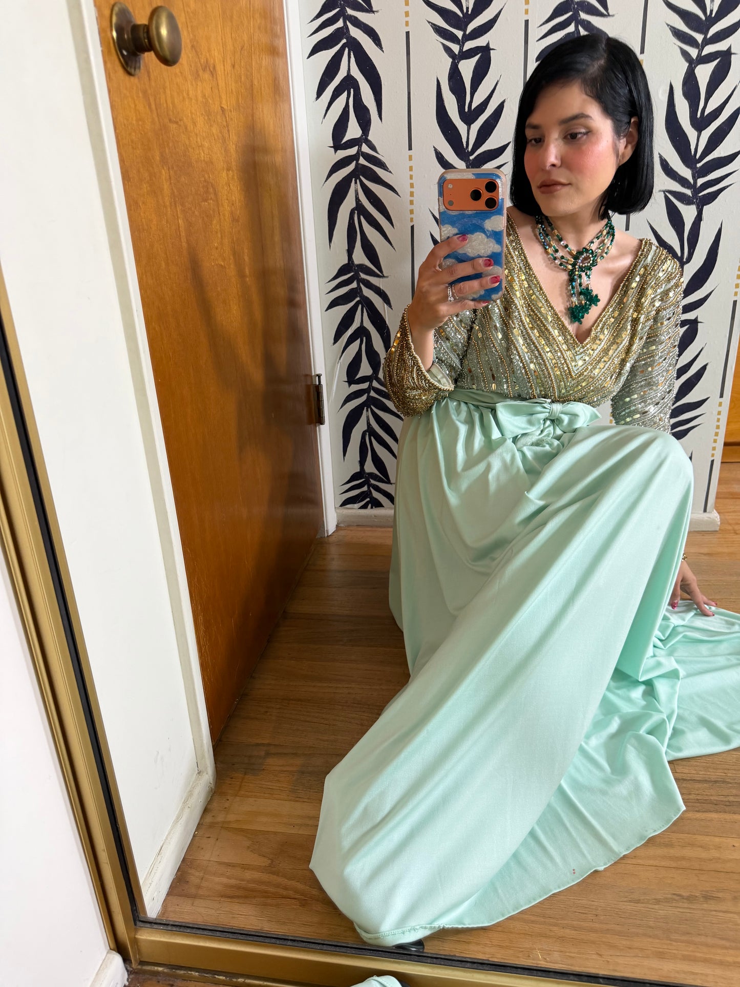 60s Vibes Victoria Royal Ltd. Embellished Chiffon Sea foam Green Gown S-M & possible size L