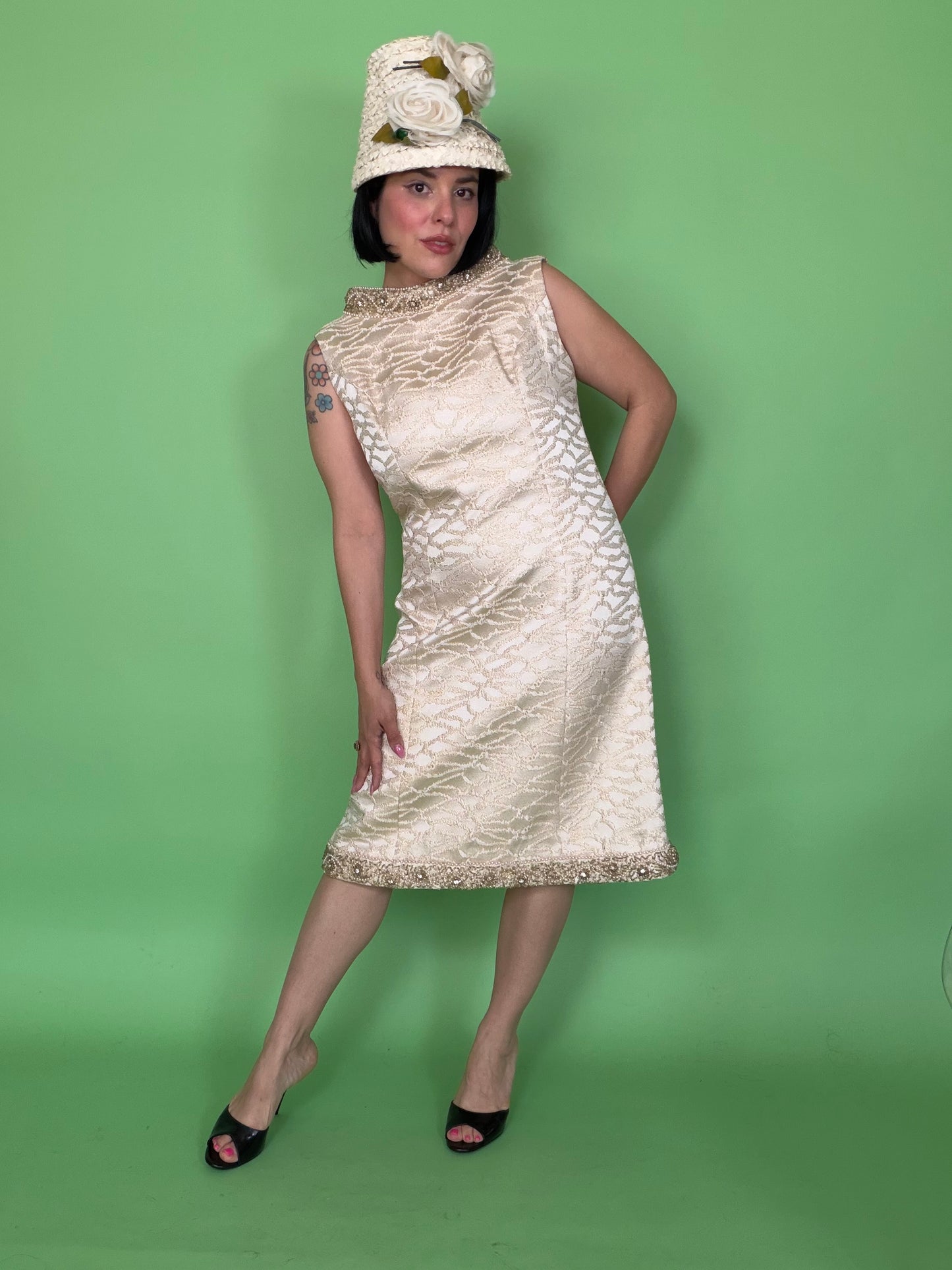 Vintage 60s Mod White Brocade Cocktail Dress by Bullock Whilshire fits S-M & possible size L
