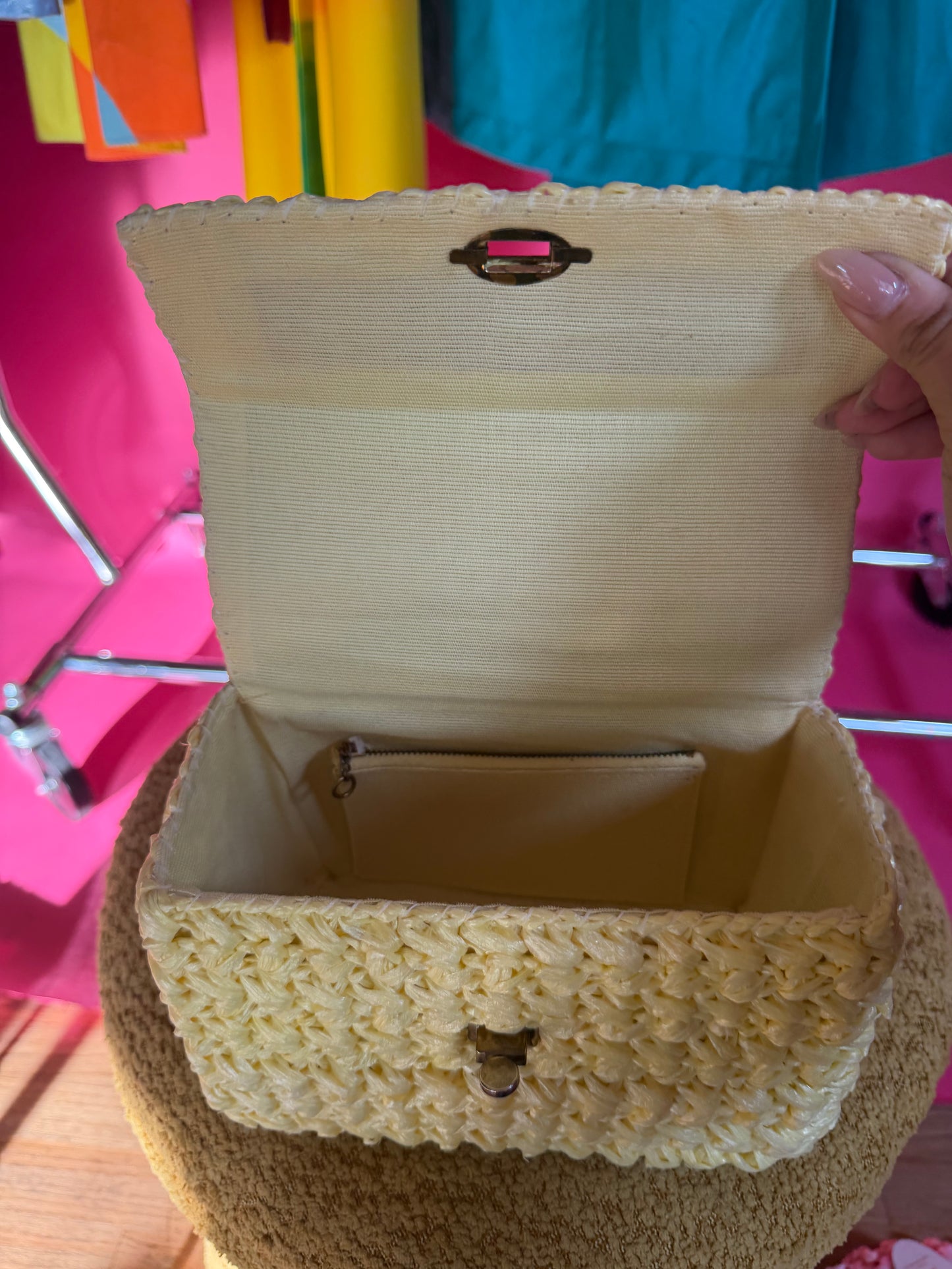 Vintage 60s Italian Yellow Raffia Box Purse