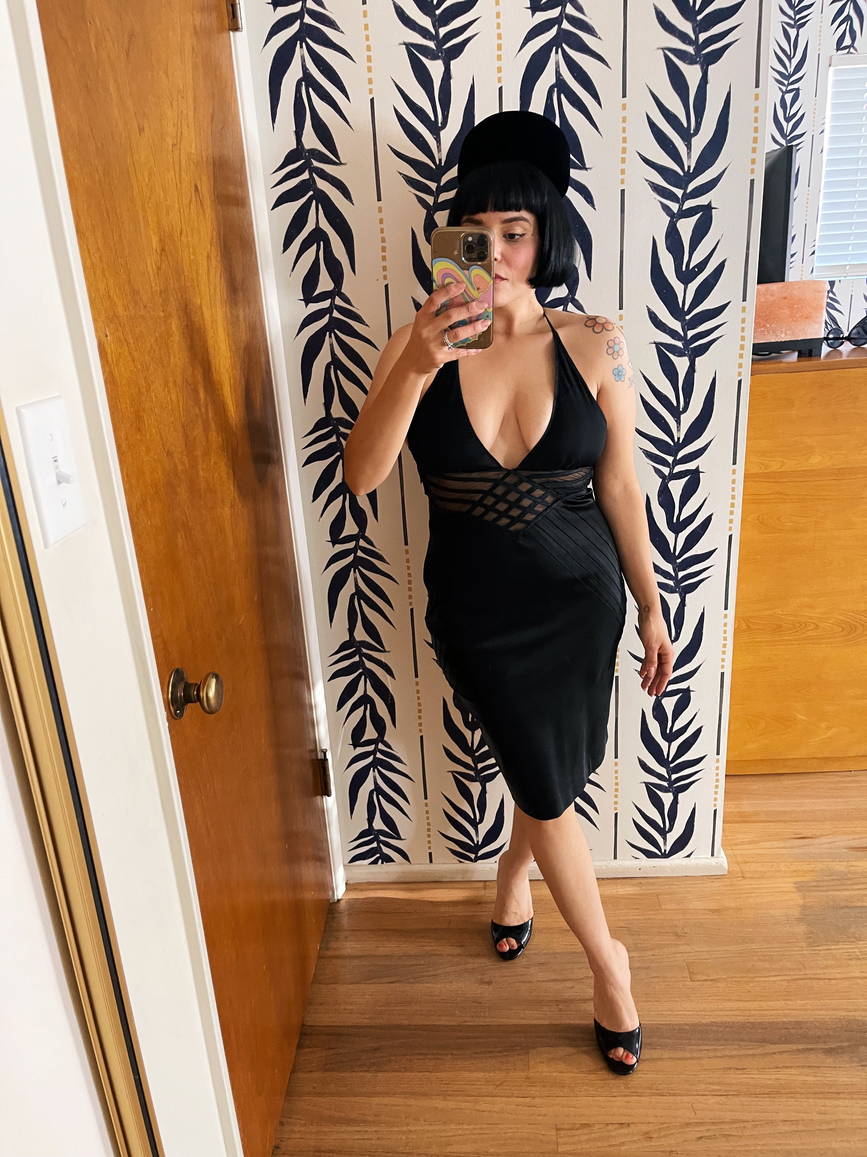 90s slinky dress 90s Backless Slinky Black Maxi Dress (S)
