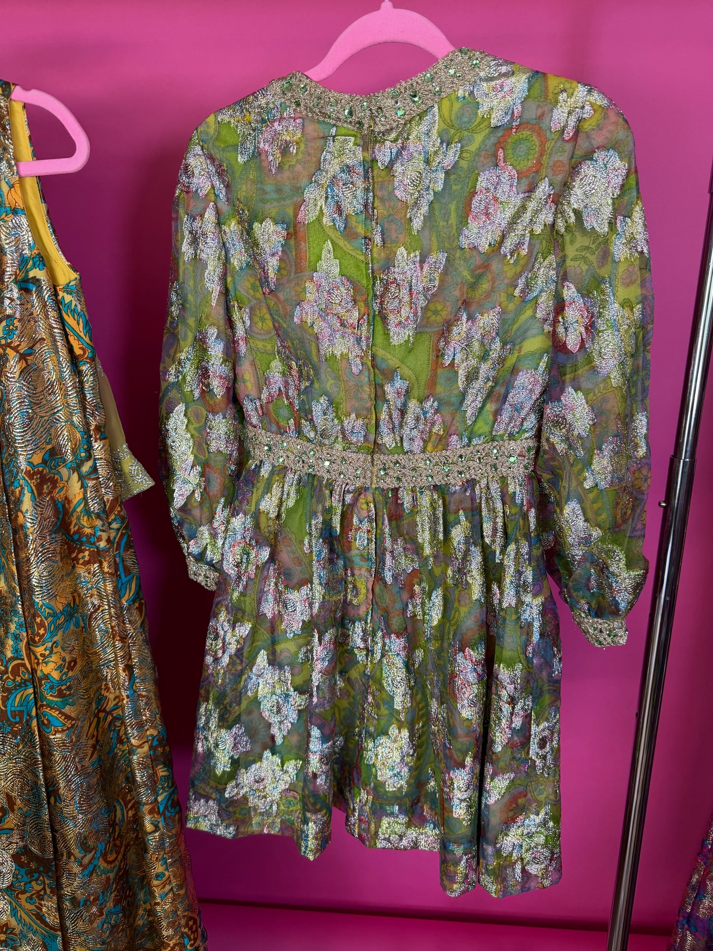 Vintage 60s Saks 5th Ave Chartreuse Rainbow & Gold Lame Cocktail Dress Fits XS-SM