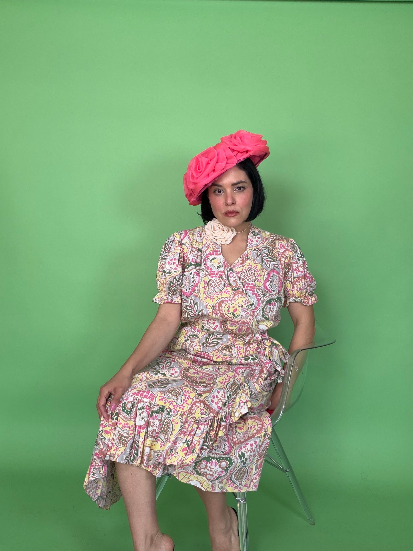 Vintage 40s Novelty Print Cotton Wrap Dress Modern Aire Fits S-L