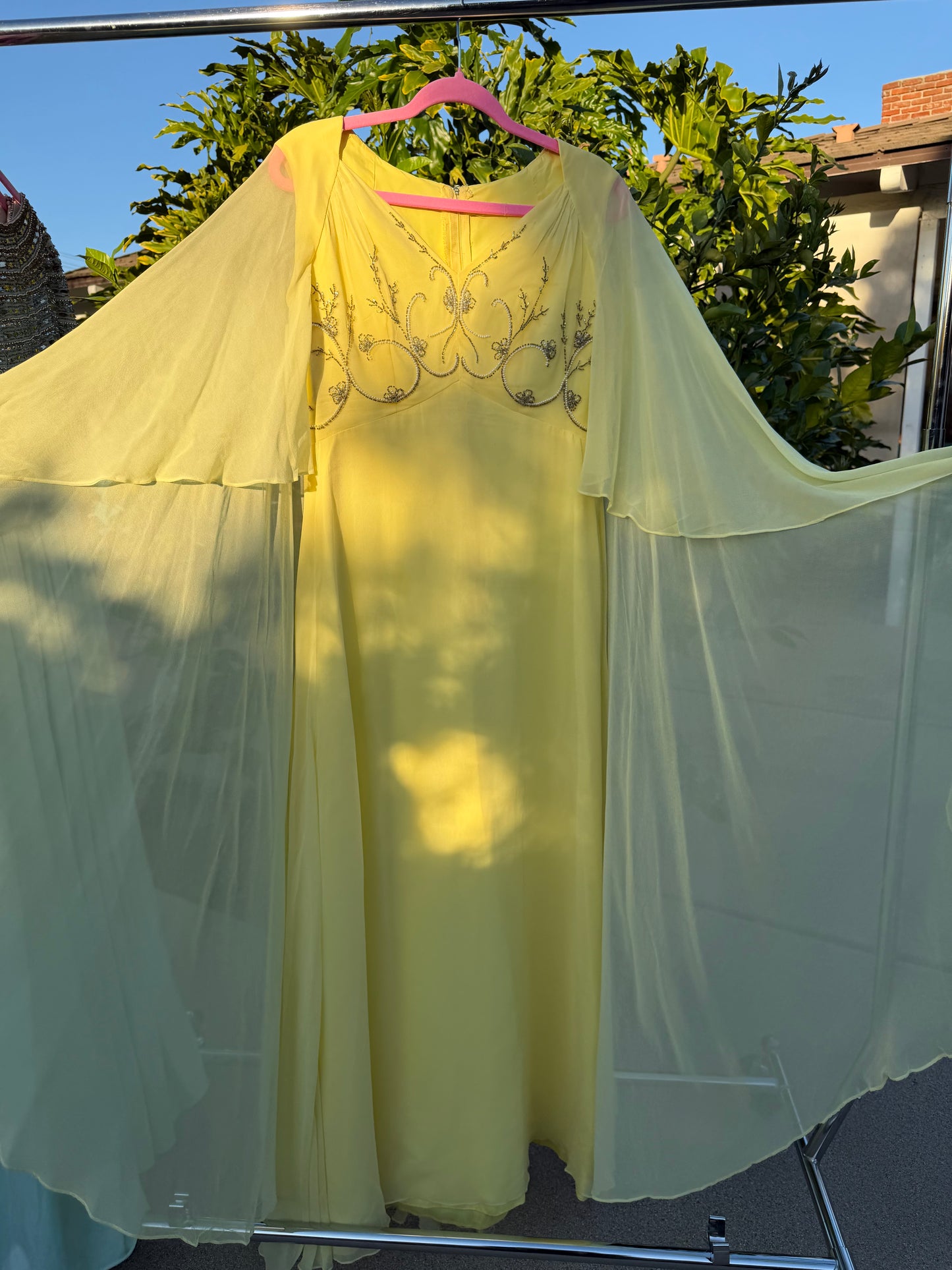 60s Vintage Ethereal Yellow Chiffon Cape Sleeve Gown Fits S-M