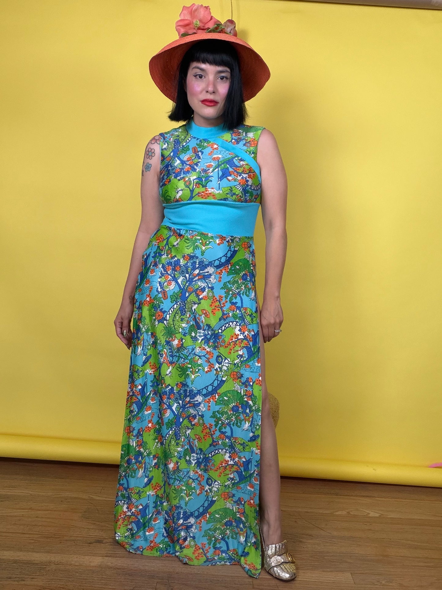 japanese maxi dress Vintage 60s Japanese Garden Novelty Print Hostess Maxi Dress Fits XS-M