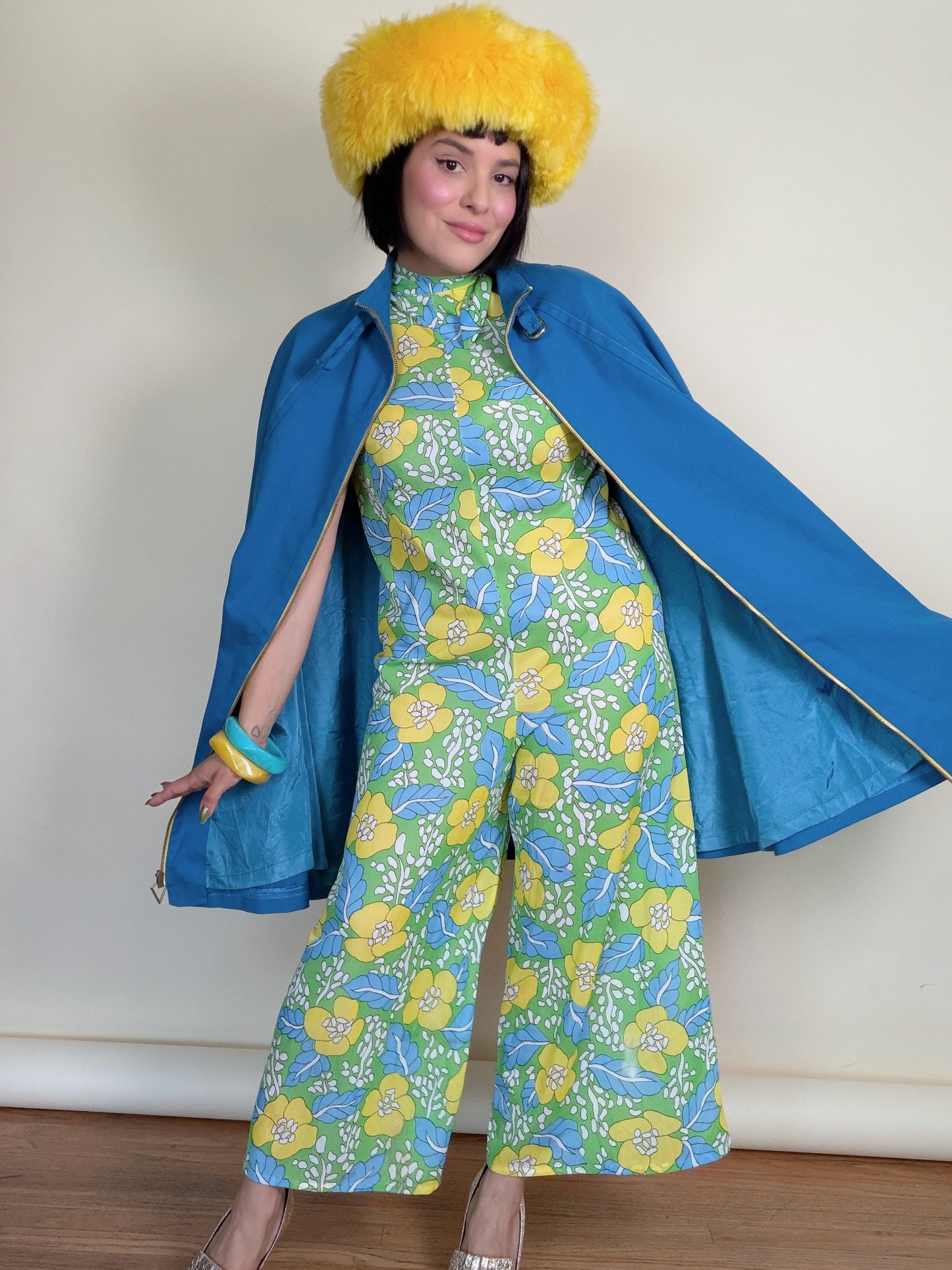 Vintage 60s Marine Blue Mod Poncho Gold Zip Cape by Jonathan Logan Fits all sizes