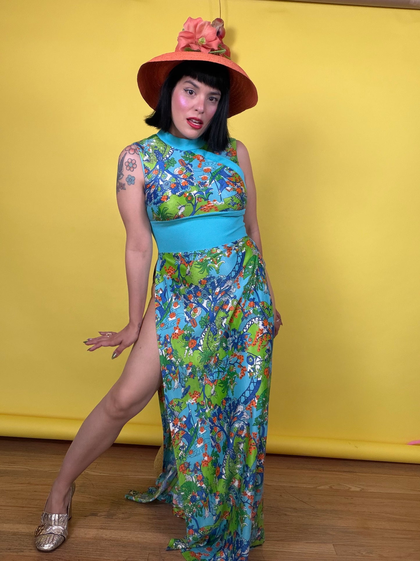 Vintage 60s Japanese Garden Novelty Print Hostess Maxi Dress Fits XS-M