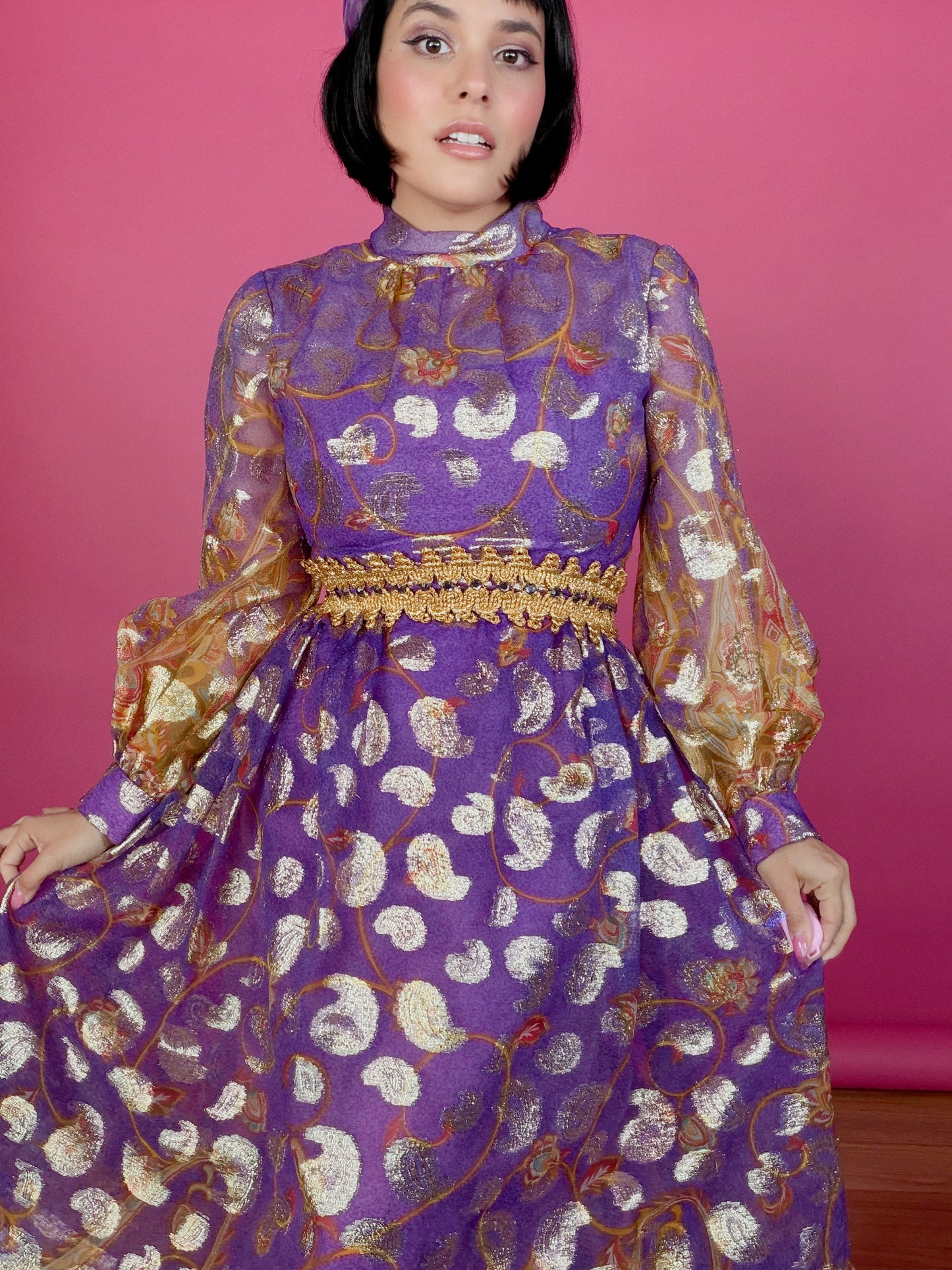 Vintage 60s Carrie Couture Purple & Gold Lame Cocktail Dress Fits XS-SM