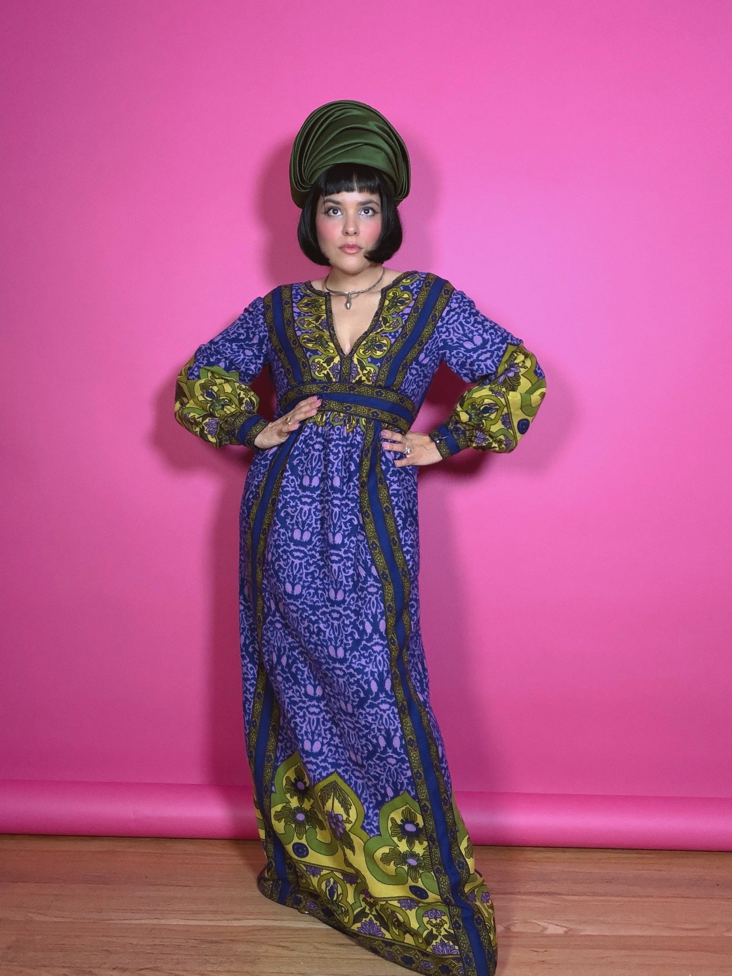Vintage 60s RARE Malcolm Starr Purple & Chartreuse Maxi Dress XS-SM
