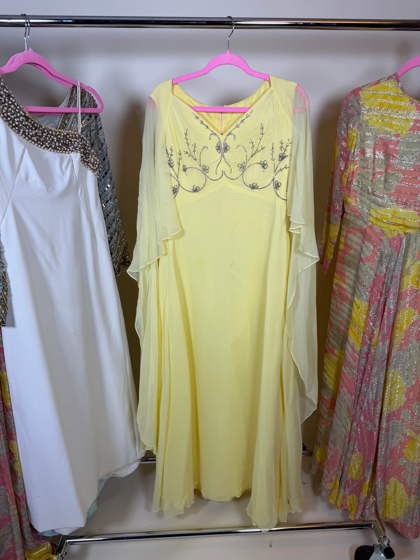 60s Vintage Ethereal Yellow Chiffon Cape Sleeve Gown Fits S-M