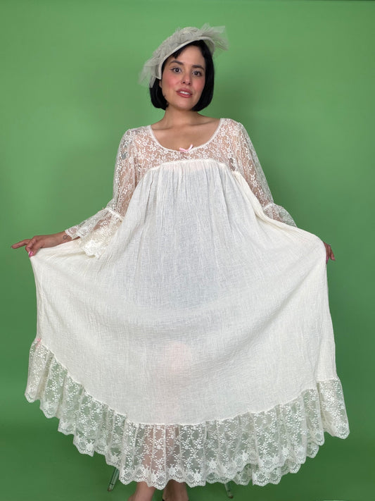Vintage 80s Does Victorian Lace & Gauze Cotton Dress Fits Most Sizes