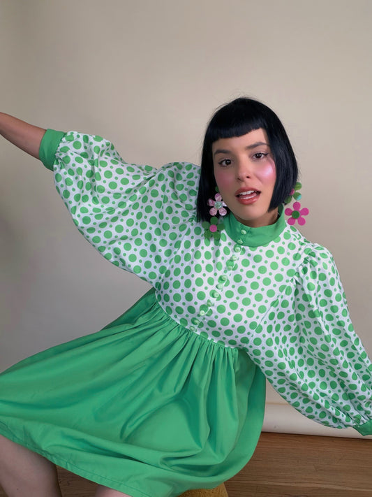 Vintage 60s Mod Balloon Sleeve Green Polkadot Babydoll Mini XS-M